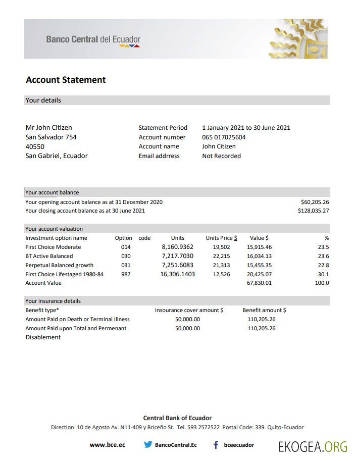 Relevé bancaire de la Banque centrale de l'Équateur, modèle facile à remplir au format Excel et PDF